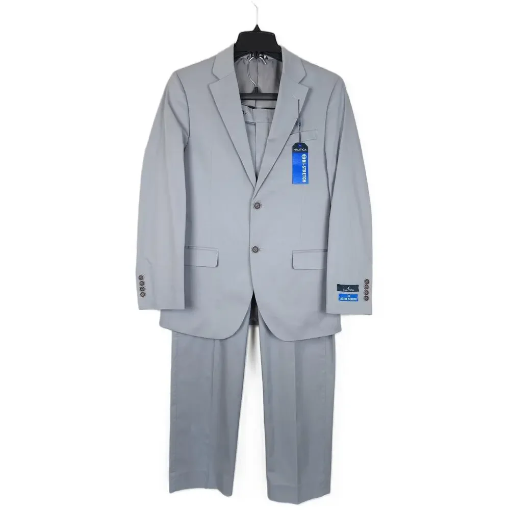 Nautica Mens Modern Fit 2 Piece Suit 42L 36x32 Grey Solid Stretch Cotton NWT
